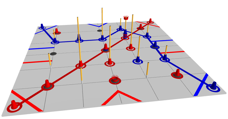 A 3D visualization of the aforementioned match. Blue has a long winding circuit while red has one that crosses the field diagonally.
